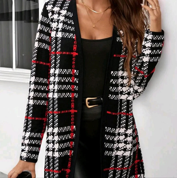 Jackets & Blazers - Women's Elegant Vintage Plaid Colorblock Printed Regular Fit Open-Front coat